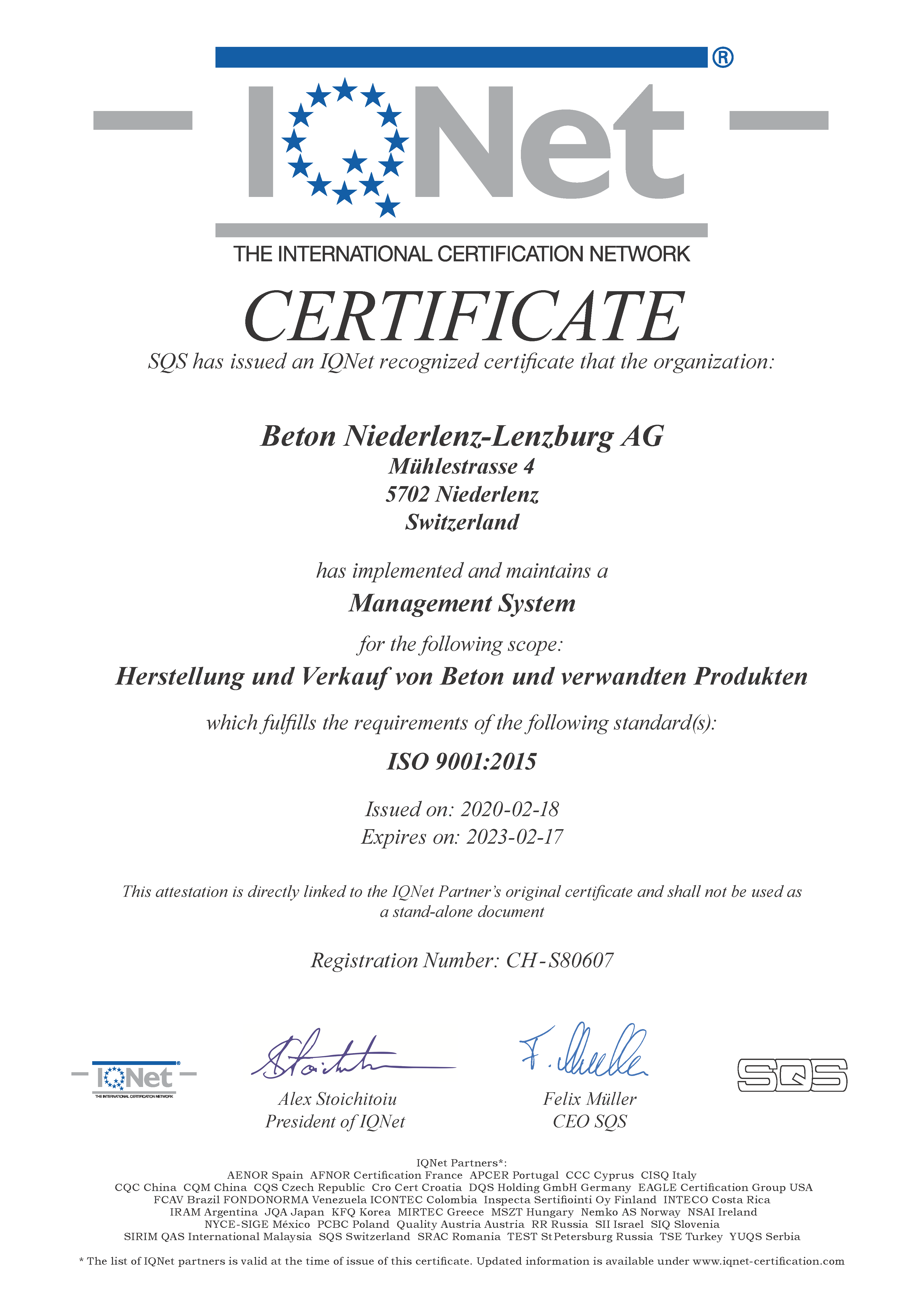Zertifikat IQNET Quality Management System